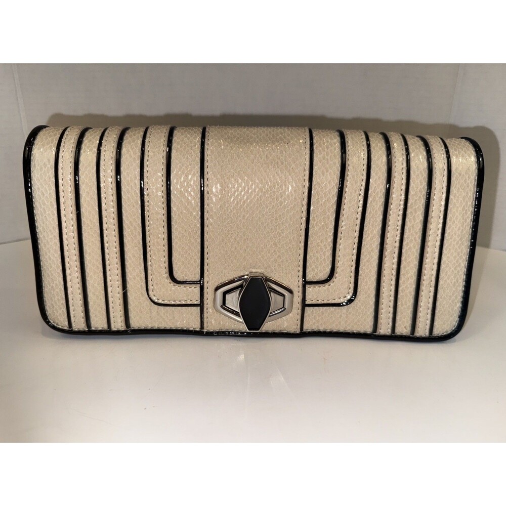 WHBM Beige Black Striped Envelope Clutch Wallet Retro Mod Evening Bag